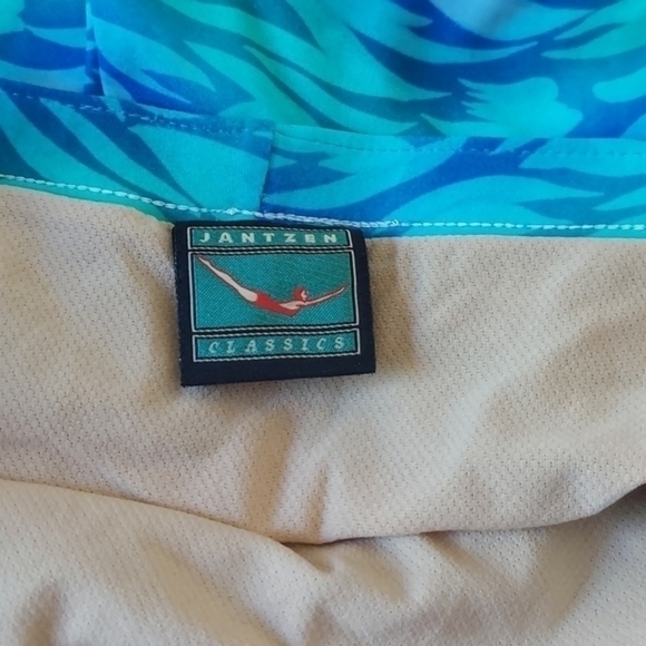 Vintage Jantzen Blue Green Wavy Pattern Two Piece Scalloped Hem Swimsuit - Picture 5 of 14